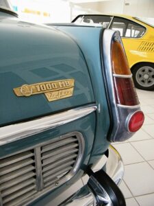 Detail of the rear of the Skoda 1000-MB with the iconic headlamp surround.